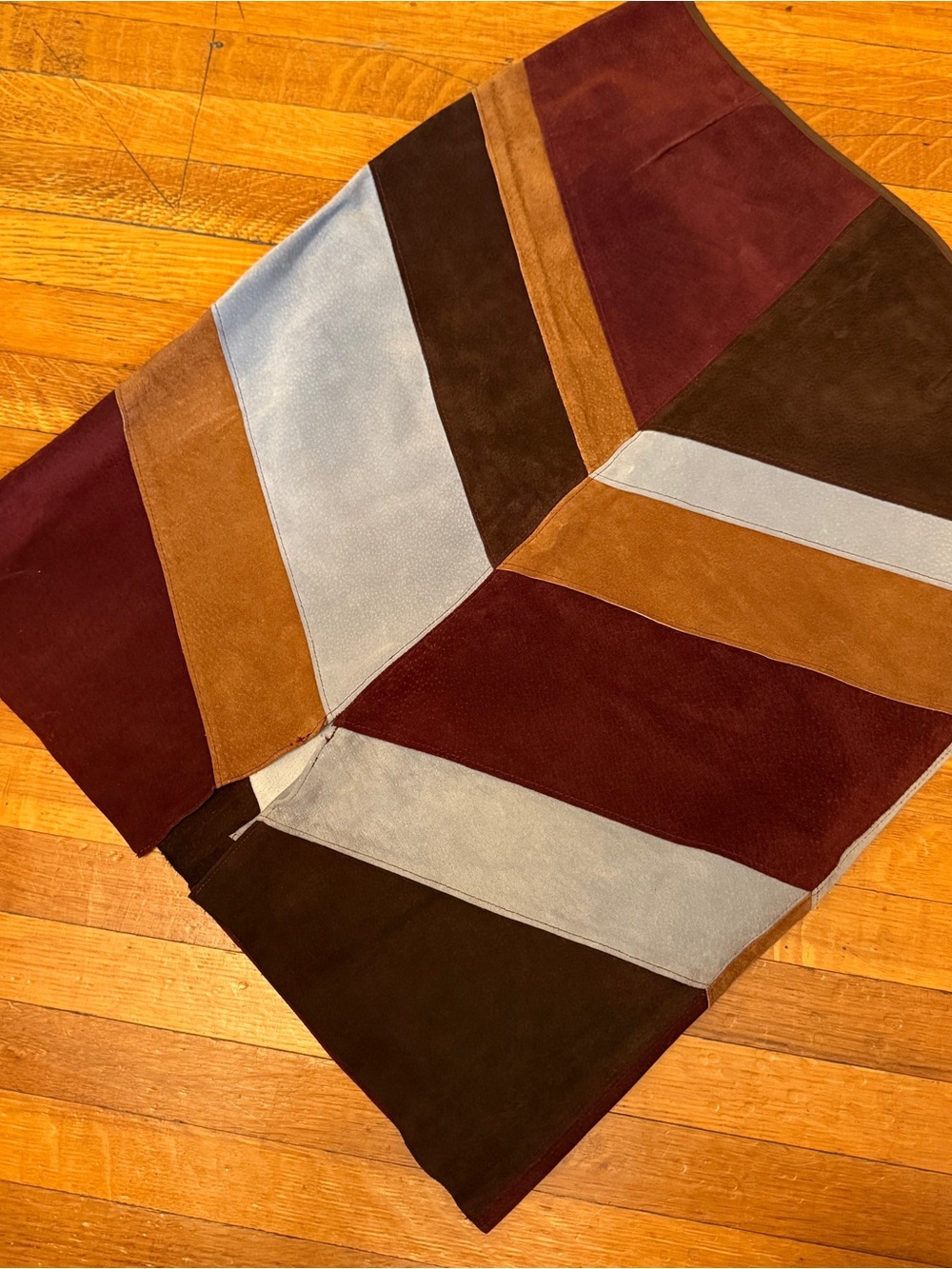 Beth Bowley Patchwork Leather Pencil Skirt in Burgundy, Brown, Tan, Light Blue
